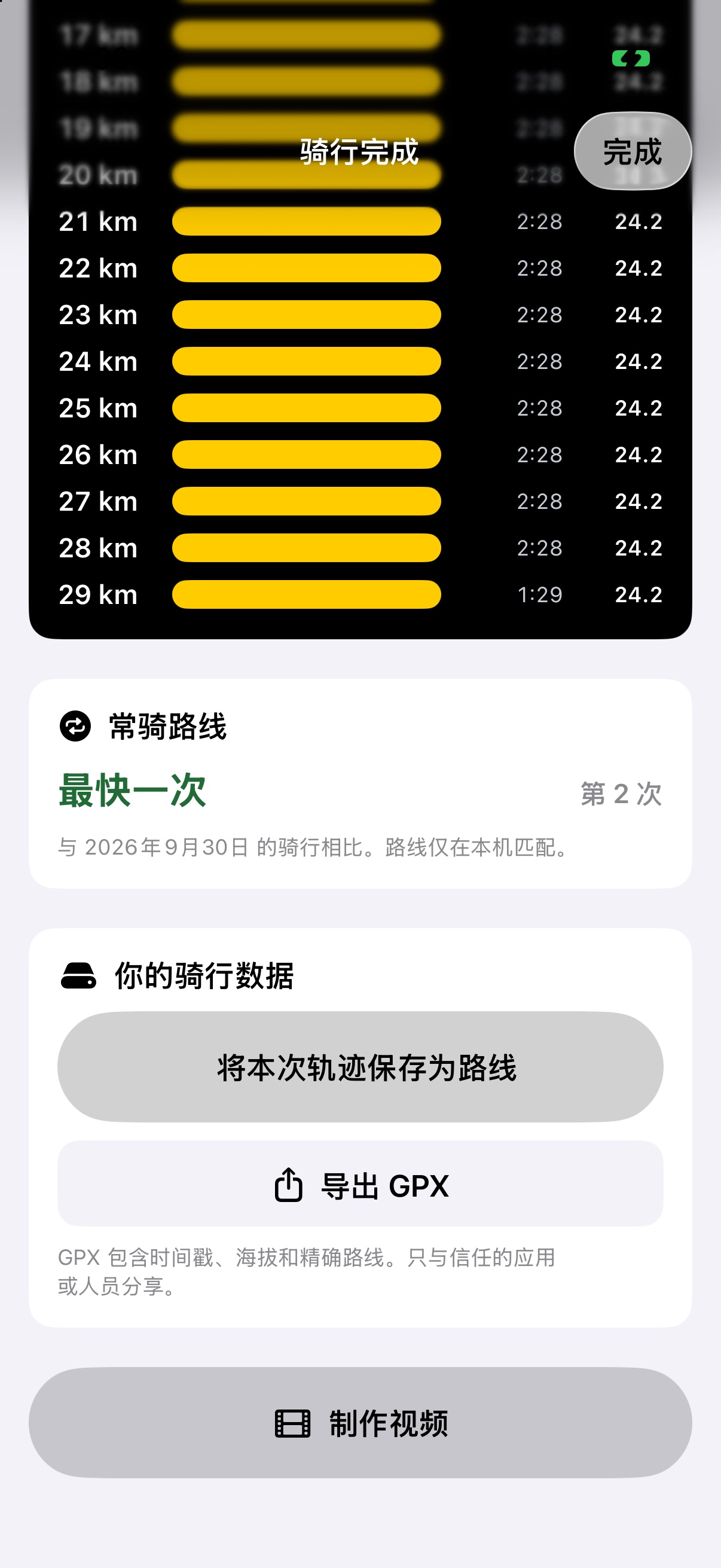BikeX 骑行详情下方的你的骑行数据区域，包含将本次轨迹保存为路线和导出 GPX 两个入口