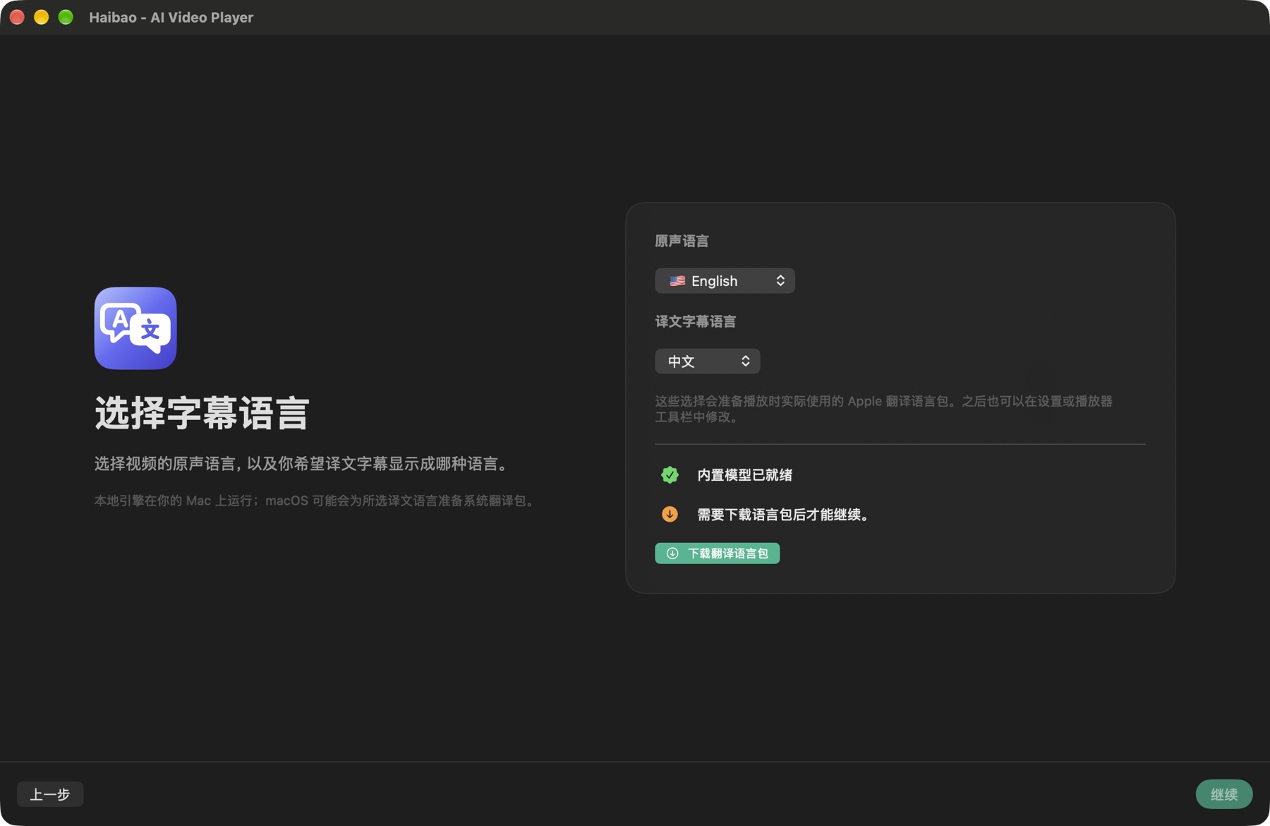 首次设置的语言选择页，原声为 English，译文字幕语言为中文，下方有下载翻译语言包按钮